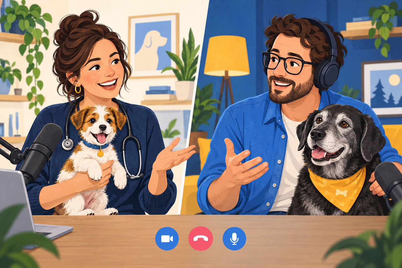 An illustrated veterinarian with a puppy talking to a dog-care host with a senior dog