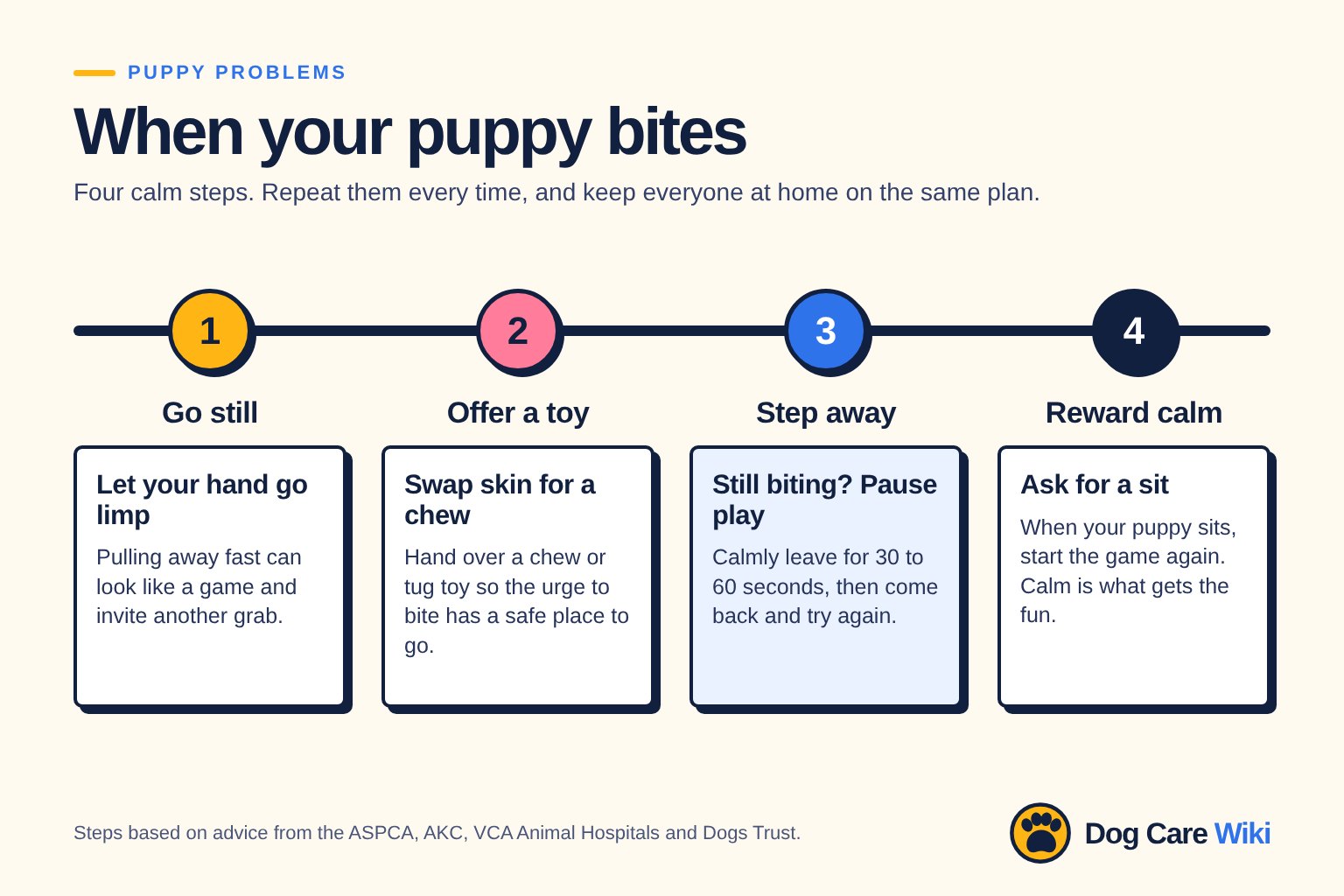 A four-step chart titled When your puppy bites: 1, go still and let your hand go limp; 2, offer a chew or tug toy; 3, if biting continues, calmly step away for 30 to 60 seconds; 4, ask for a sit and restart the game.